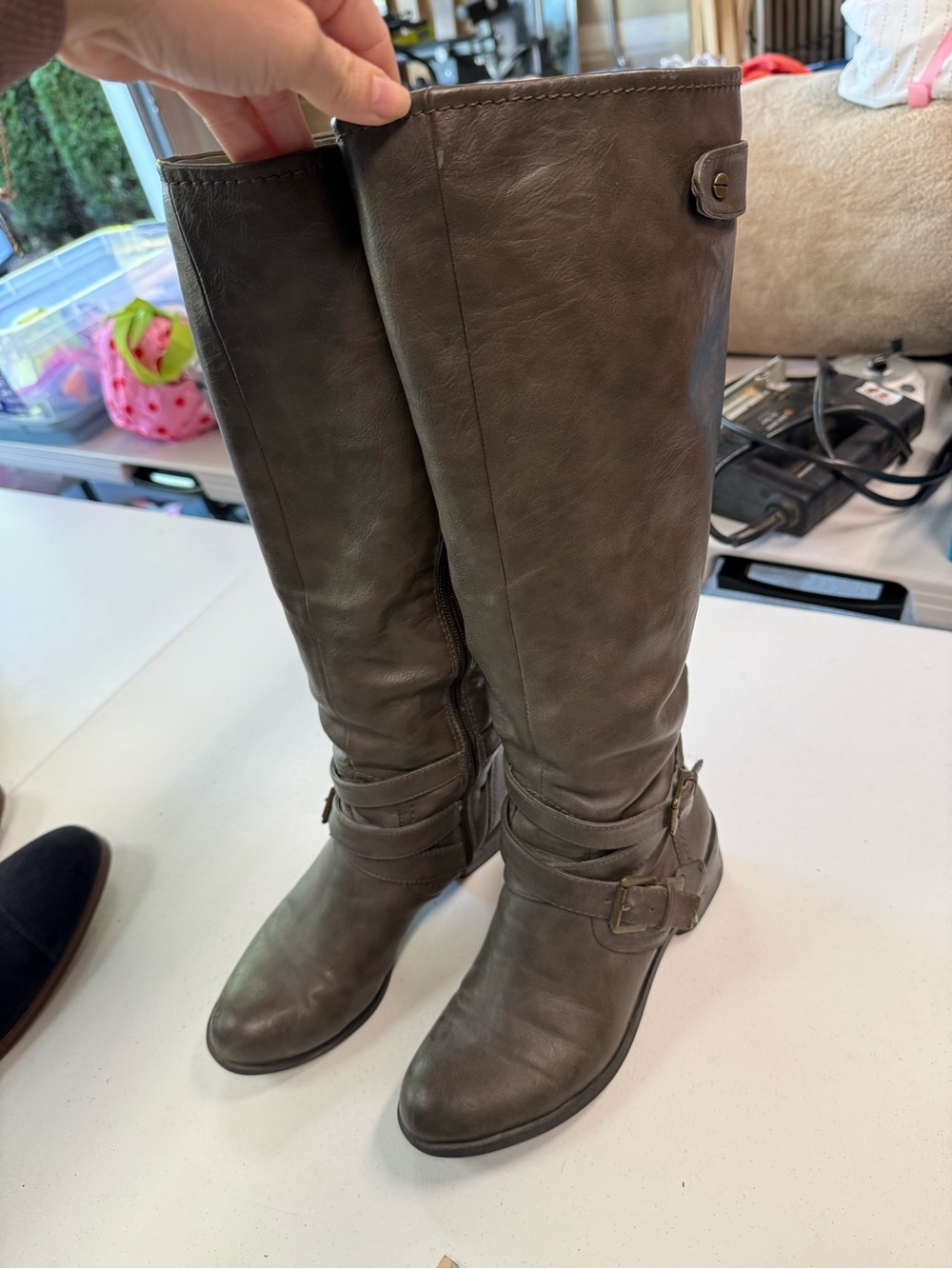 Cathy Jean Olive Gray Over-the-Knee Buckle Riding Boots